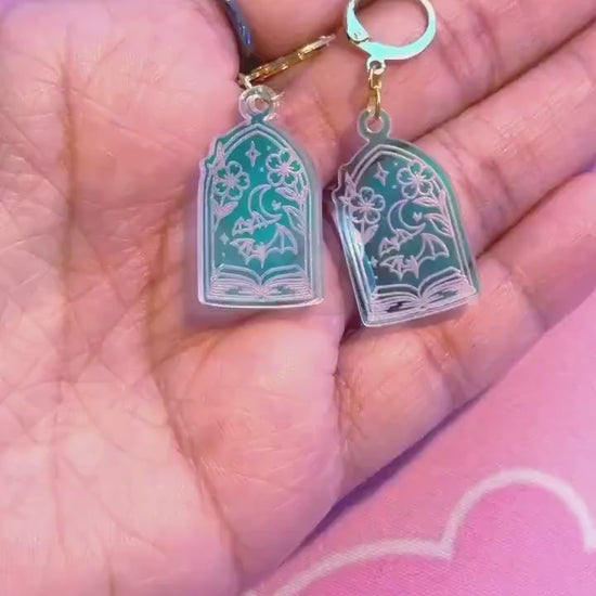 Fantasy Book Earrings: Acrylic Iridescent Bats Dangle Hoop or Hook Style