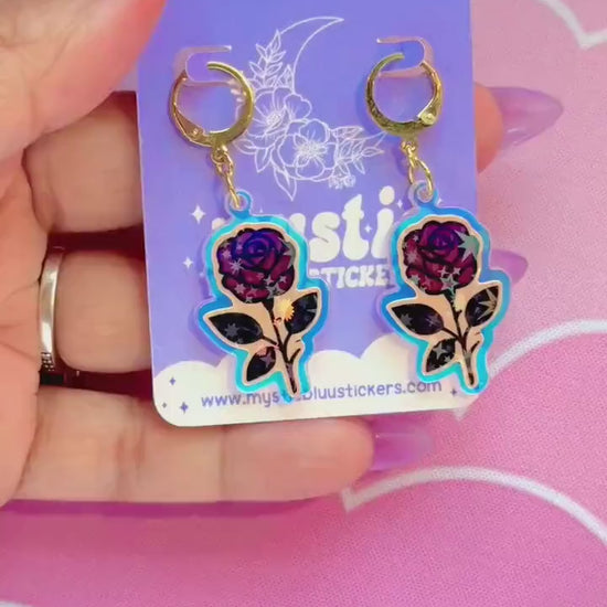 Gothic Rose Acrylic Earrings: Holographic Dangle Hoop or Hook Style
