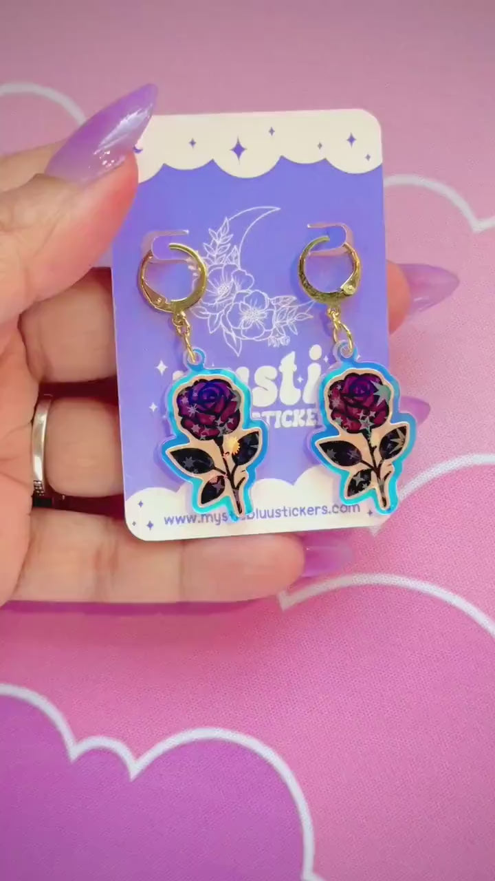 Gothic Rose Acrylic Earrings: Holographic Dangle Hoop or Hook Style