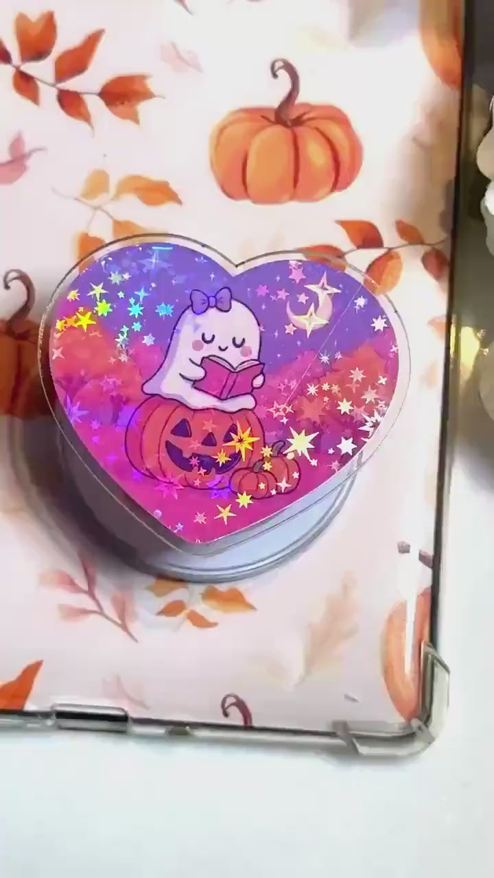 Ghost Pumpkin Kindle Phone Grip – Cute MagSafe Grip Stand with Pumpkin and Book Design Kindle Holder, Halloween Grip