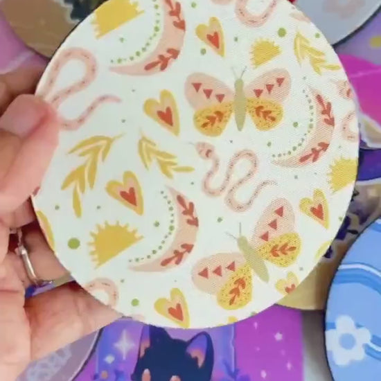 Set of 4 Round Cup Coasters - Cute Boho Mystic - Modern Retro Cocktail Drink Bar Coasters Aesthetics Non Slip Rubber