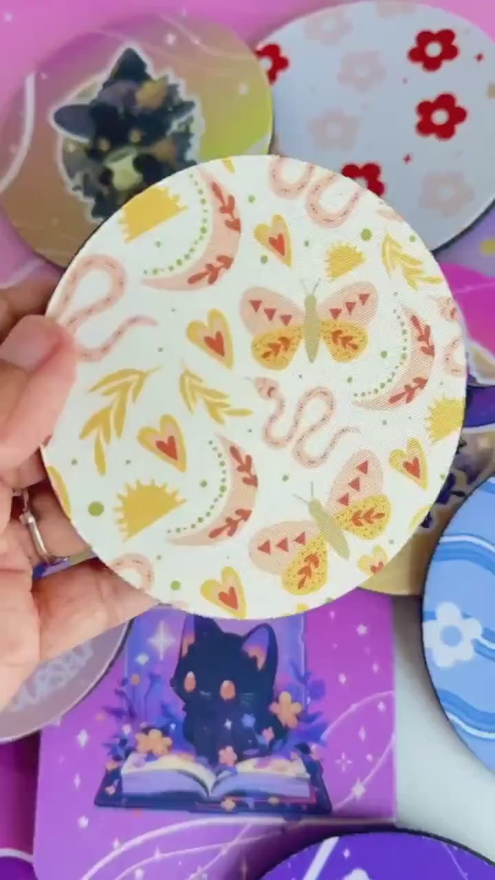 Set of 4 Round Cup Coasters - Cute Boho Mystic - Modern Retro Cocktail Drink Bar Coasters Aesthetics Non Slip Rubber