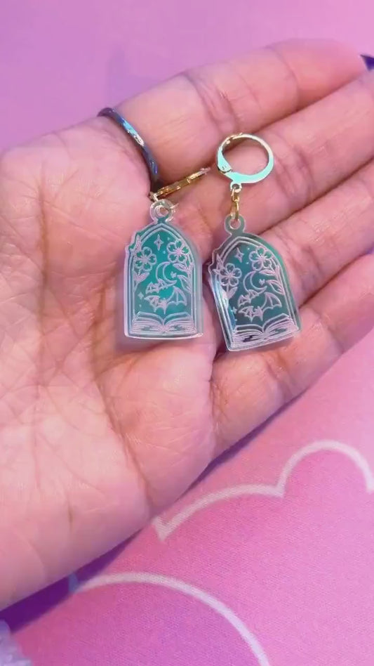 Fantasy Book Earrings: Acrylic Iridescent Bats Dangle Hoop or Hook Style