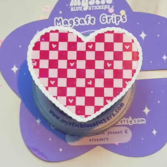 Checkered Heart MagSafe Phone Grip: Holographic 2D Valentines Kindle Grip