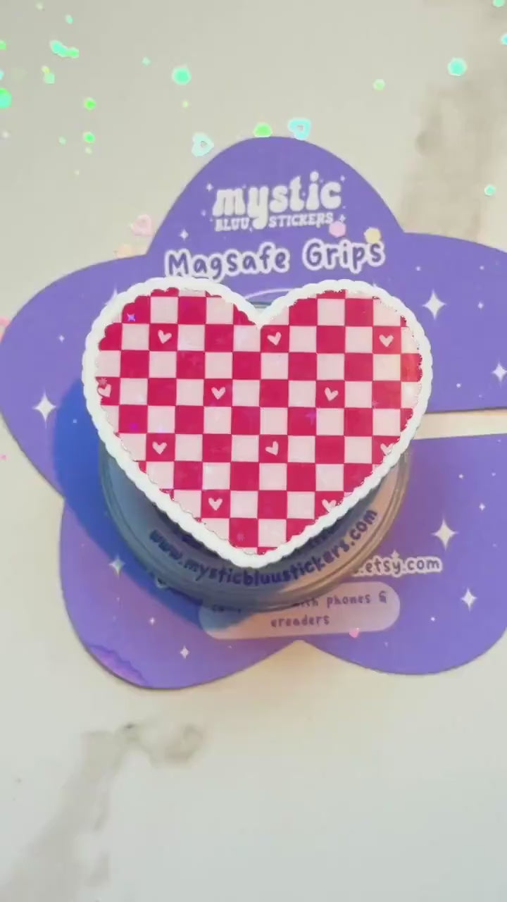 Checkered Heart MagSafe Phone Grip: Holographic 2D Valentines Kindle Grip