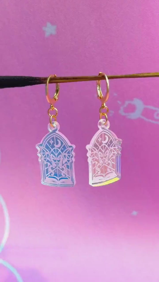 Celestial Dagger Earrings for Book Lovers: Acrylic Iridescent Dangle Hoop or Hook Style