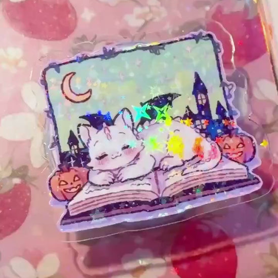 Holographic Dragon Phone Grip: Cozy Book & Pumpkins MagSafe Stand