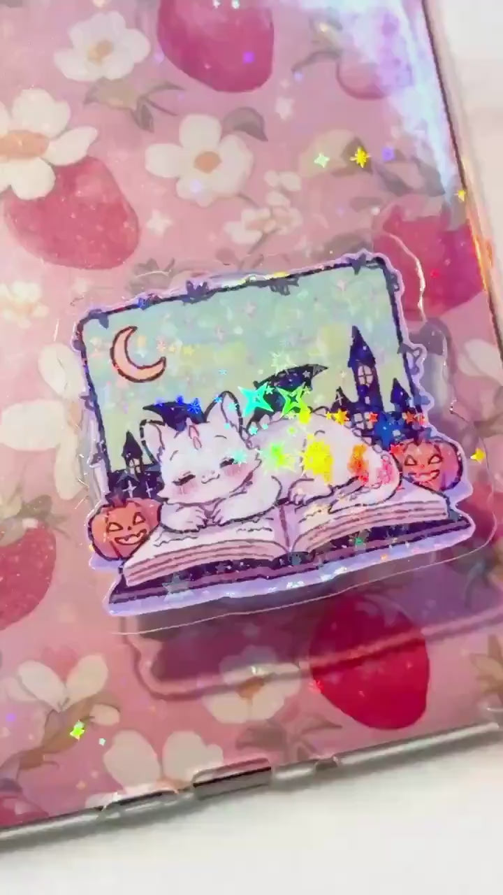 Holographic Dragon Phone Grip: Cozy Book & Pumpkins MagSafe Stand
