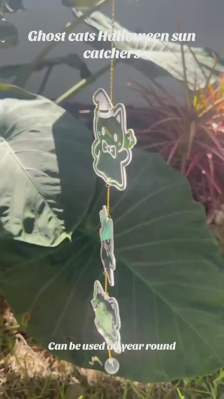 Iridescent Ghost Cats Sun Catcher: Halloween Window Decor, Rainbow Maker