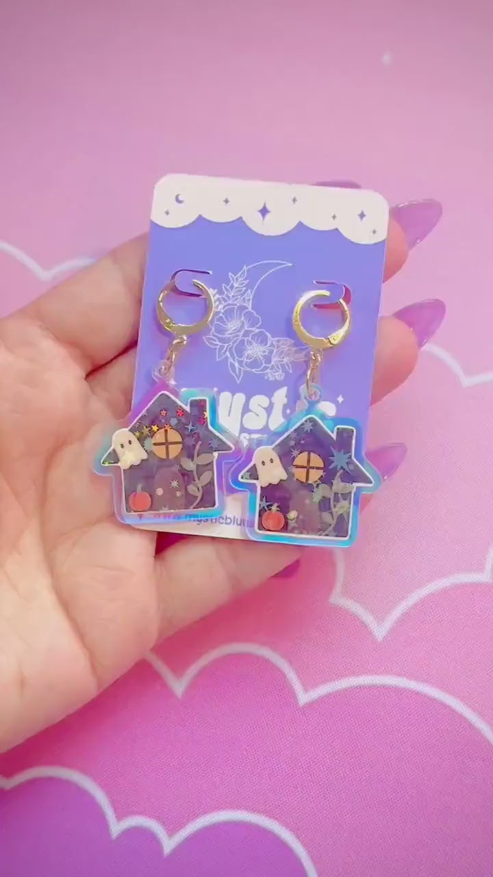 Autumn Cottage Earrings: Holographic House Dangle Hoop or Hook Style