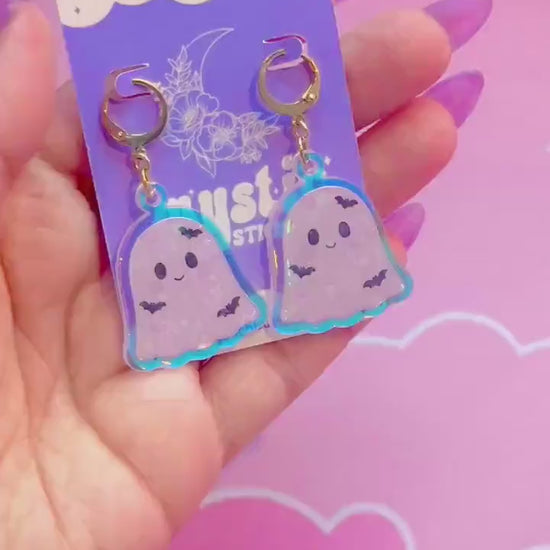 White Ghost Earrings: Iridescent Holographic Bat and Stars Dangle Hoop or Hook Style