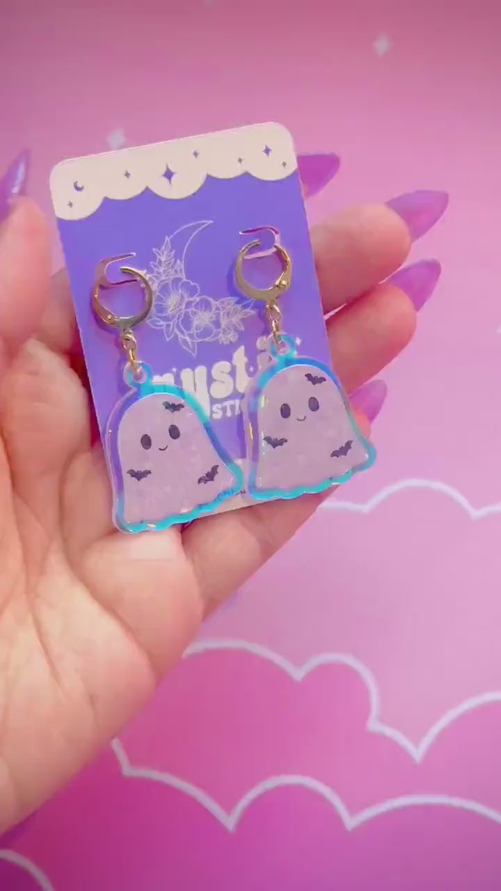 White Ghost Earrings: Iridescent Holographic Bat and Stars Dangle Hoop or Hook Style