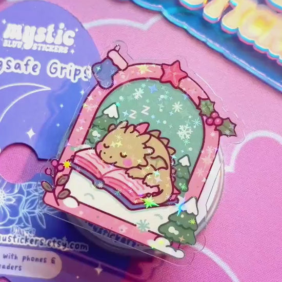 Winter MagSafe Phone Grip: Holographic Sleeping Dragon On Book Kindle Grip