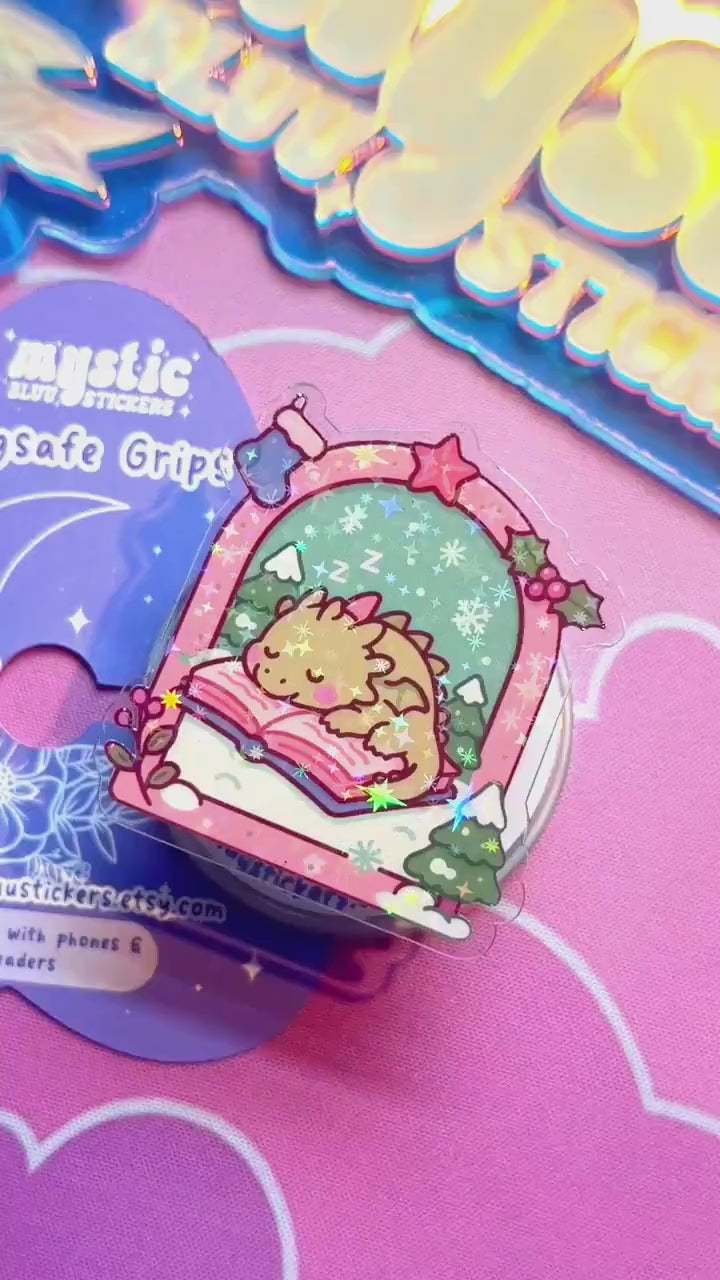 Winter MagSafe Phone Grip: Holographic Sleeping Dragon On Book Kindle Grip